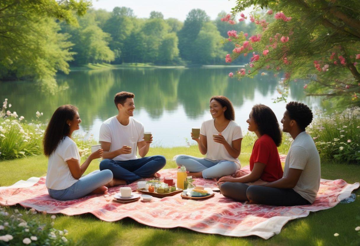 A serene scene featuring a diverse group of individuals engaged in deep, joyful conversations in a sunny park, surrounded by blooming flowers and lush greenery. They are sharing laughter, with warm, inviting smiles, symbolizing harmonious relationships. Include elements like a picnic blanket, coffee cups, and a peaceful lake in the background. The atmosphere should radiate positivity and connection. super-realistic. vibrant colors. natural light.
