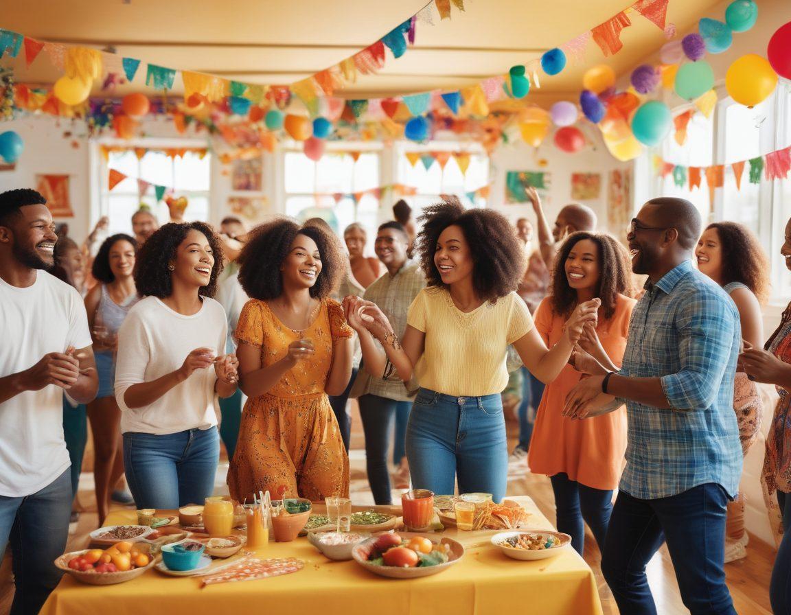 A diverse group of people joyously participating in a community event, smiling and engaging in various activities like dancing, food-sharing, and crafting. The background showcases colorful decorations and art, symbolizing unity and positivity. Sunlight filters through, creating a warm, inviting atmosphere. Emphasize expressions of happiness and collaboration. vibrant colors. super-realistic.