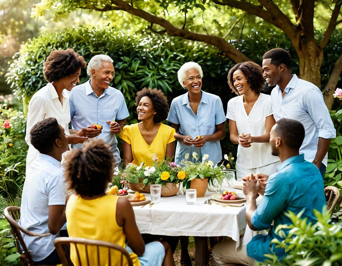 A serene outdoor scene depicting a diverse group of people joyfully interacting in a lush garden, showcasing laughter, smiles, and engaging conversation. Vivid flowers and greenery surround them, emphasizing connection and harmony. Soft sunlight filters through tree branches, creating a warm atmosphere. Subtle symbols of partnership, such as intertwined hands or shared meals, are included to enhance the theme. super-realistic. vibrant colors. peaceful ambiance.